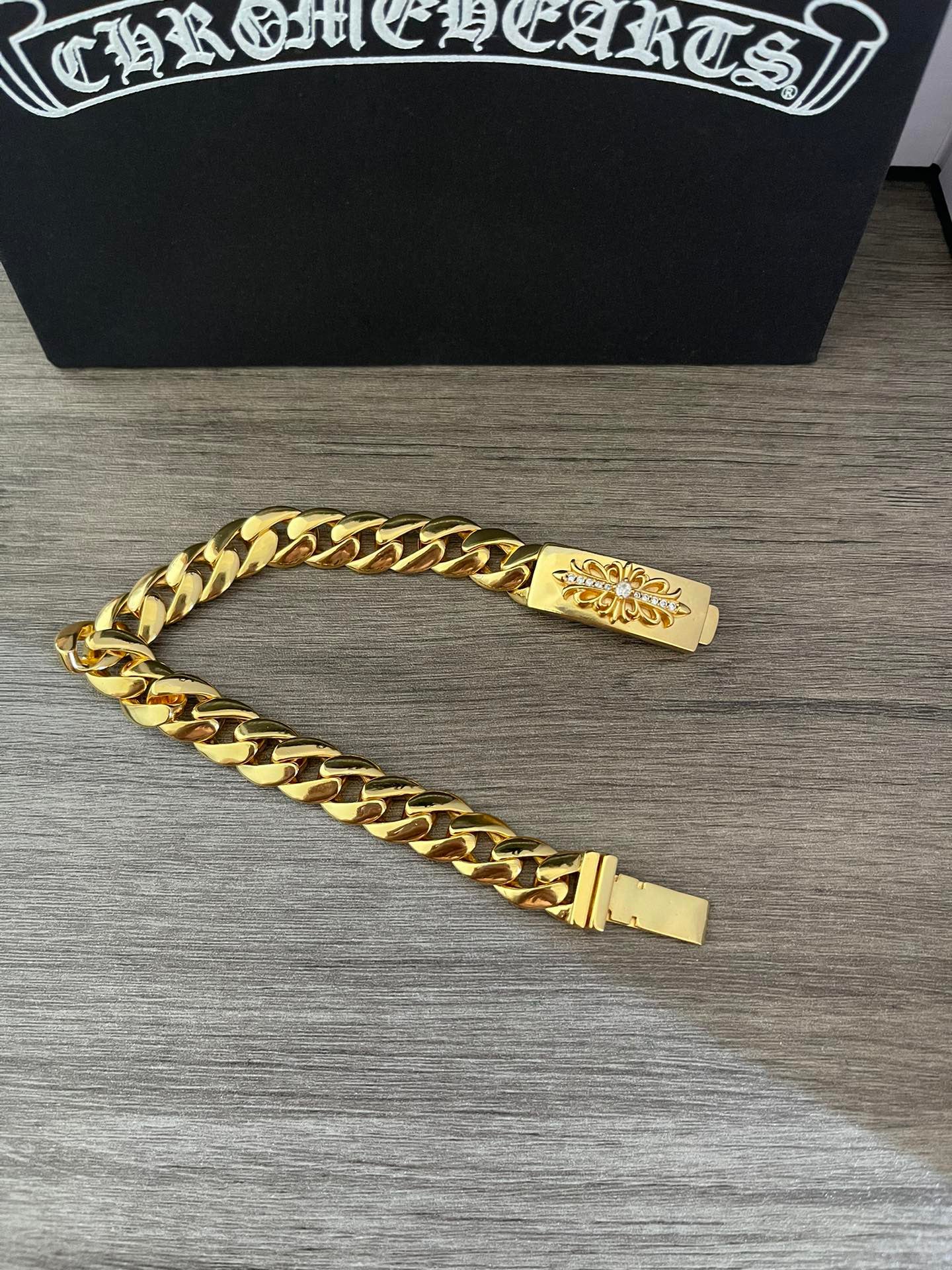 Chrome Hearts 22K Gold Cuban Link Bracelet with Diamond-Set Cross Motifs