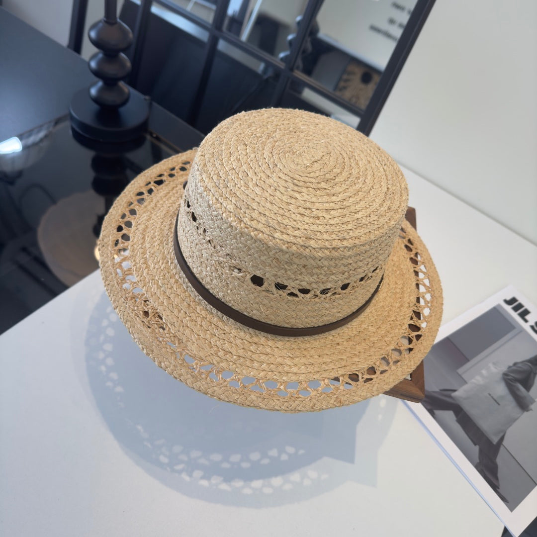 French Retro Style Hand-Woven Openwork Raffia Flat-Top Straw Hat