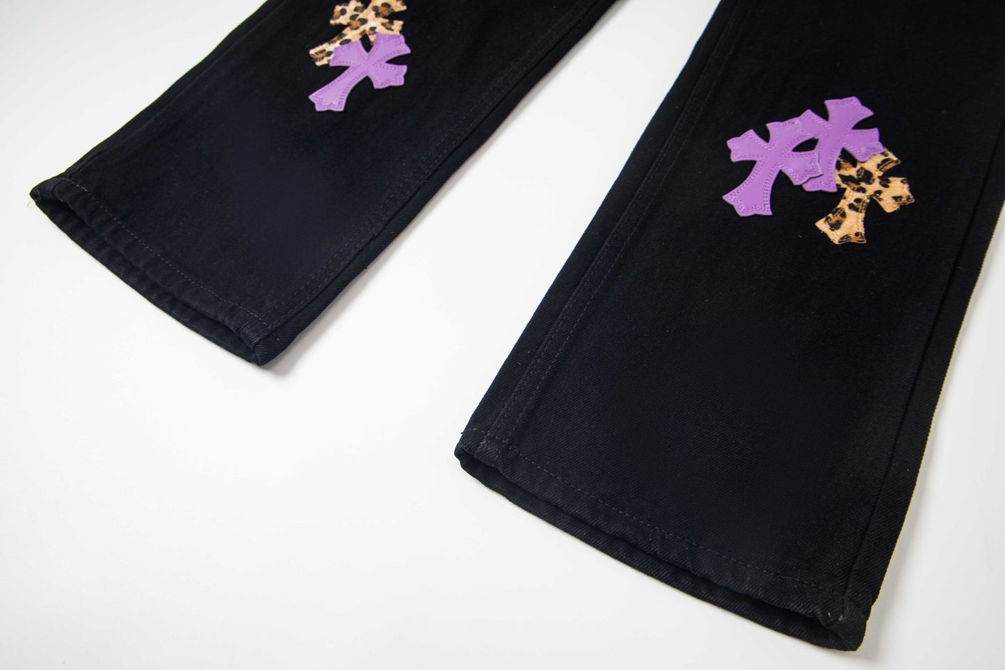 Chrome Hearts Black Denim Jeans with Purple Leopard-Print Cross Leather Patches