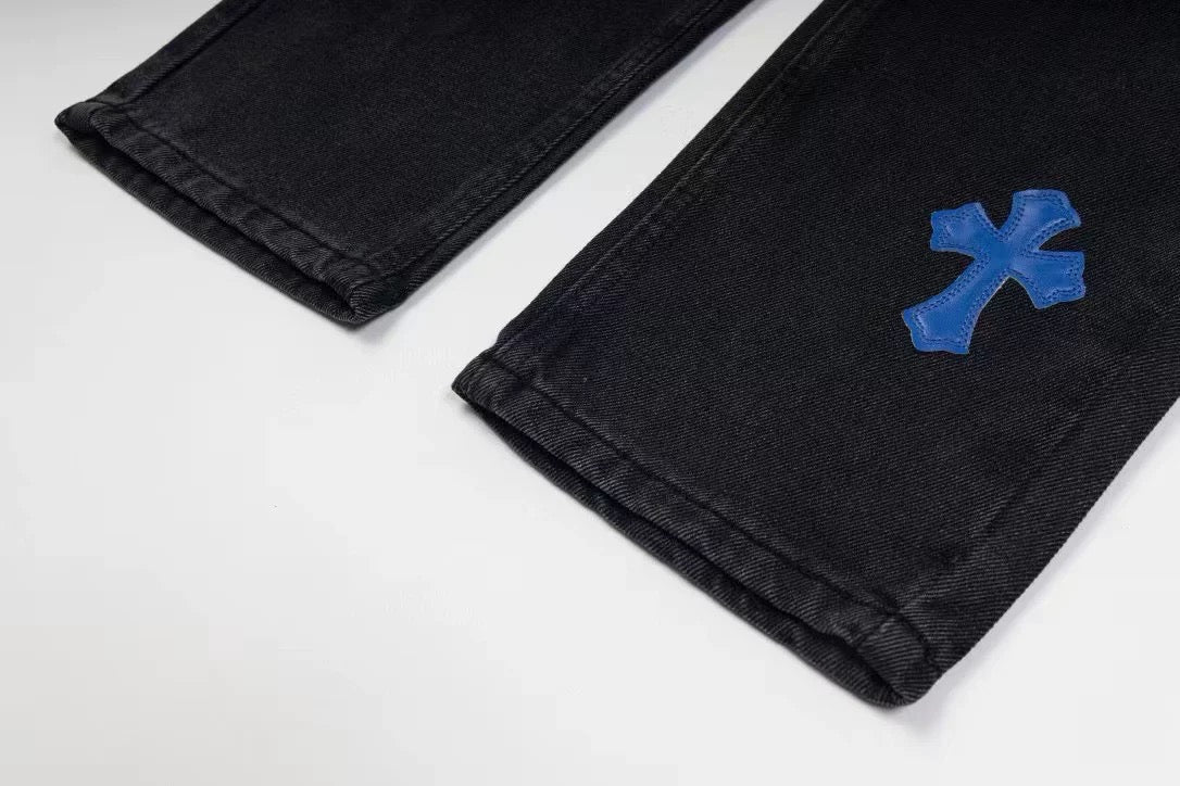 Chrome Hearts Black Denim Jeans with Blue Leather Cross Patches