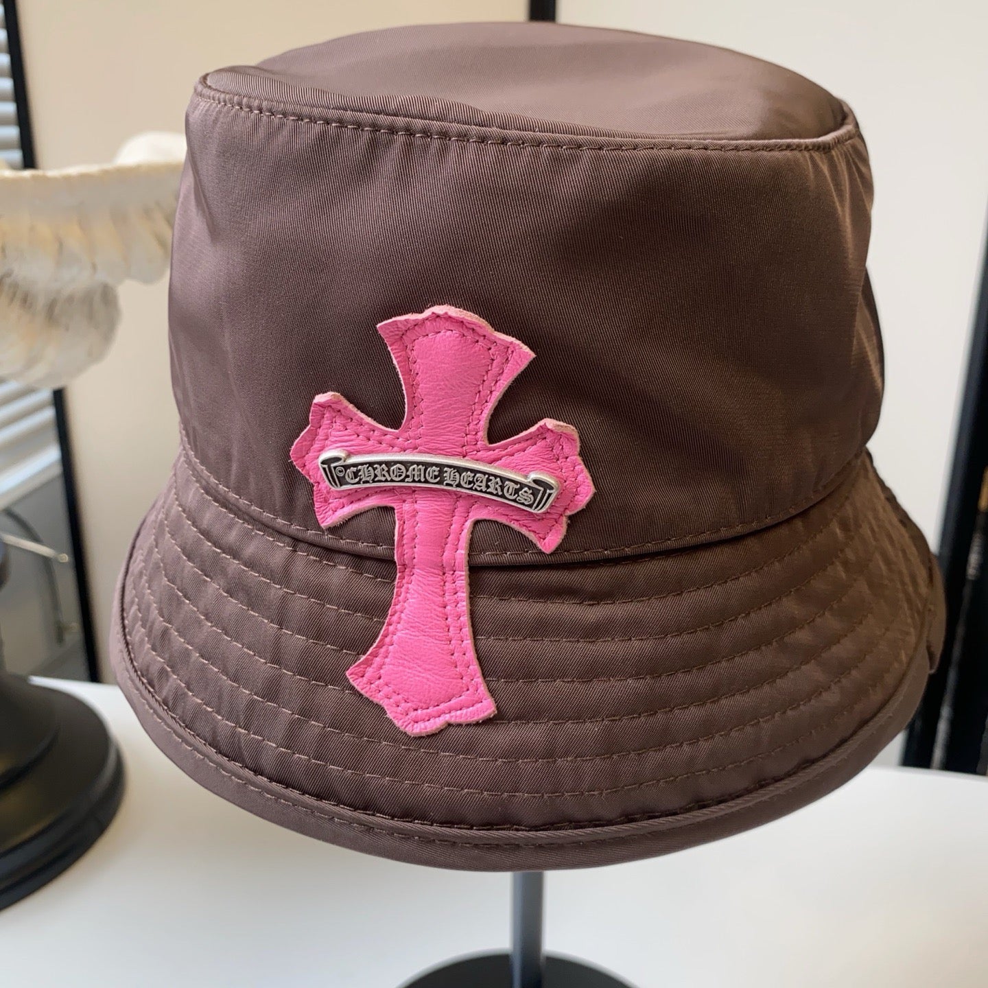 Chrome Hearts Brown and Pink Cross-Patch Bucket Hat