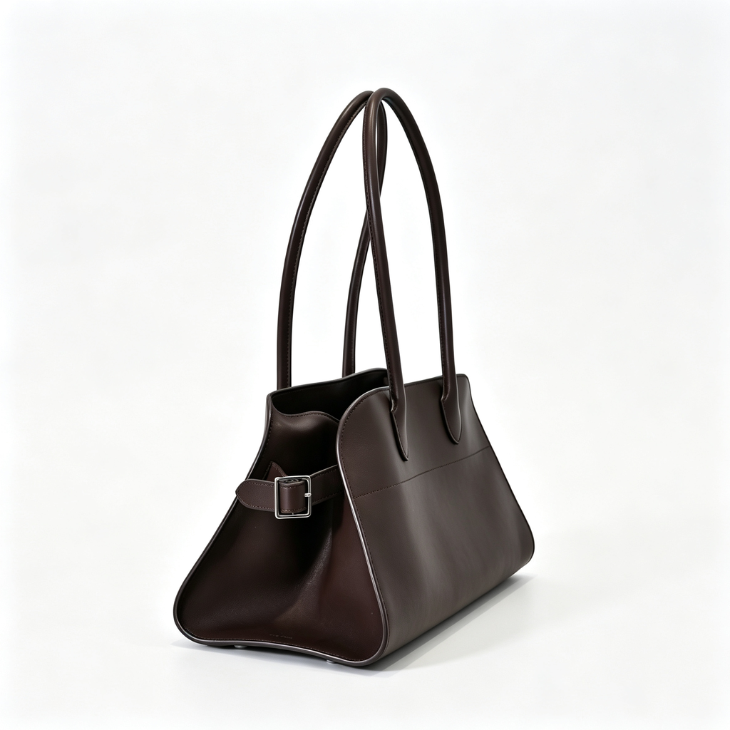 The Row Margaux 15 Smooth Calfskin Handbag | Large Leather Tote with Side Buckles | Black / Dark Chocolate