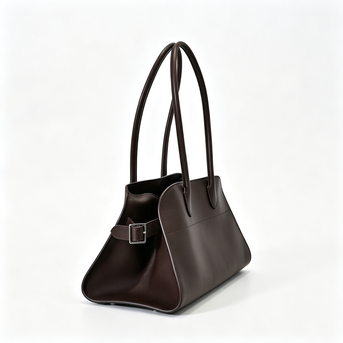 The Row Margaux 15 Smooth Calfskin Handbag | Large Leather Tote with Side Buckles | Black / Dark Chocolate