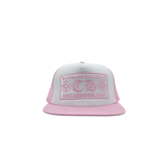 Chrome Hearts pink and white embroidered mesh trucker cap