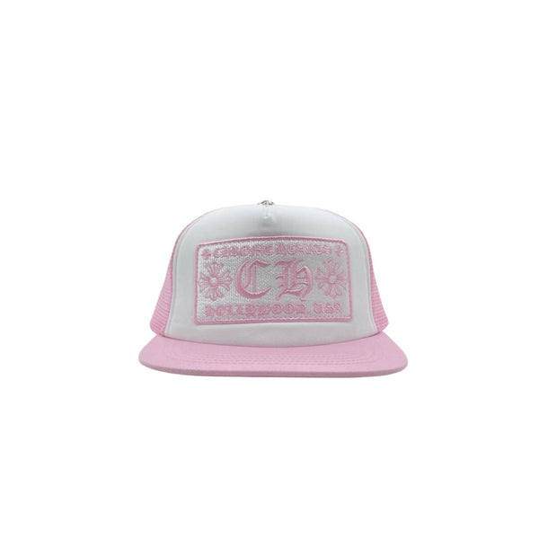 Chrome Hearts pink and white embroidered mesh trucker cap