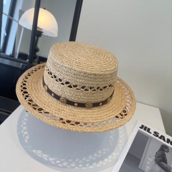 French Retro Style Hand-Woven Openwork Raffia Flat-Top Straw Hat