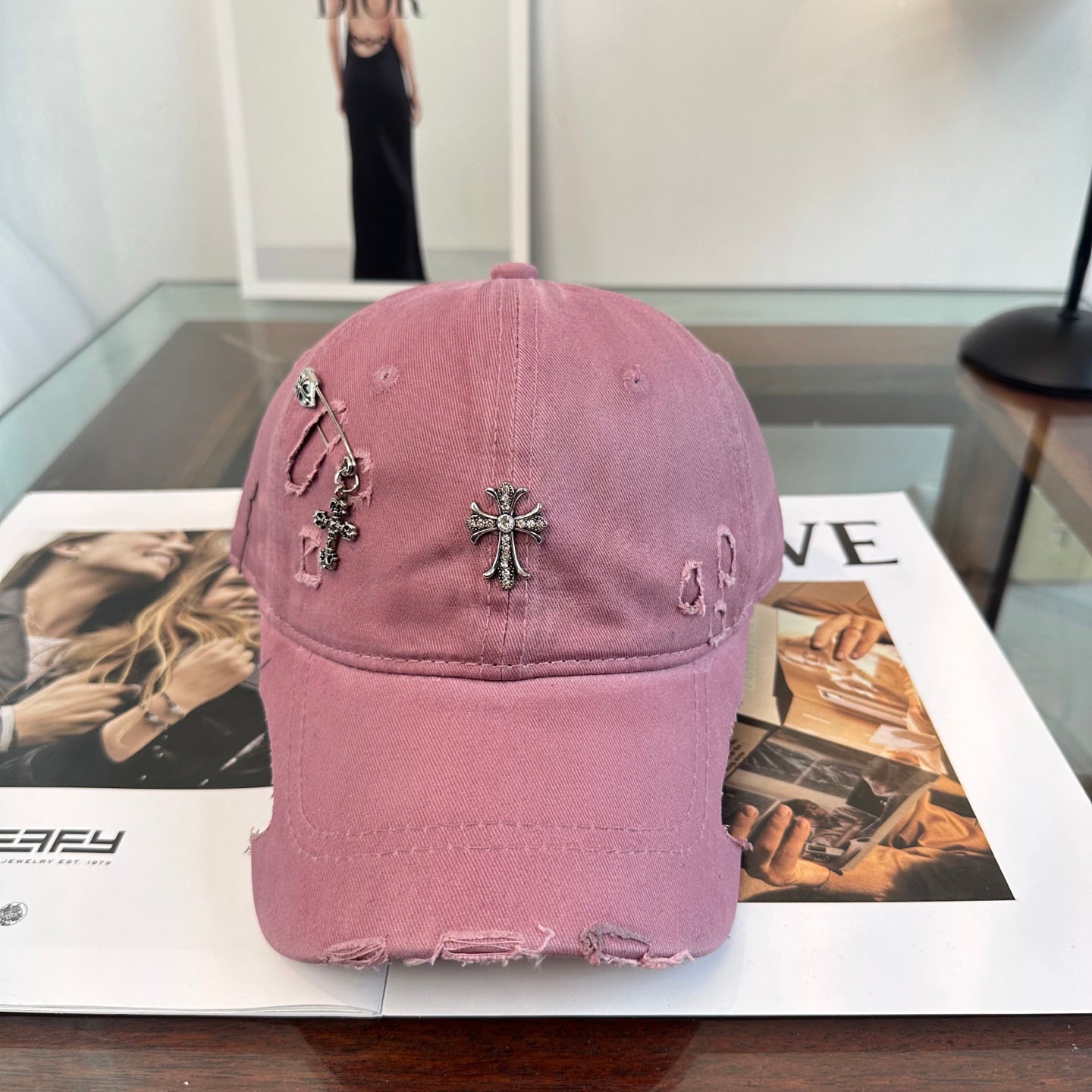 Chrome Hearts Pink Washed, Distressed, and Ripped Baseball Cap