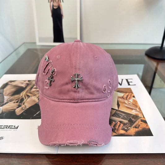 Chrome Hearts Pink Washed, Distressed, and Ripped Baseball Cap