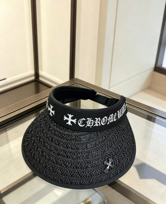 A black woven visor sun hat from Chrome Hearts.