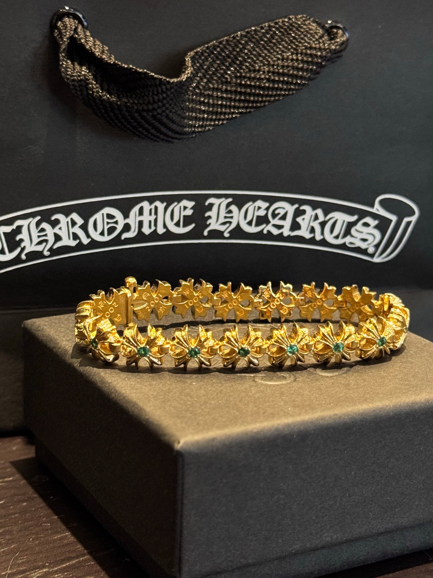 Chrome Hearts 22K Gold Emerald Cross Bracelet