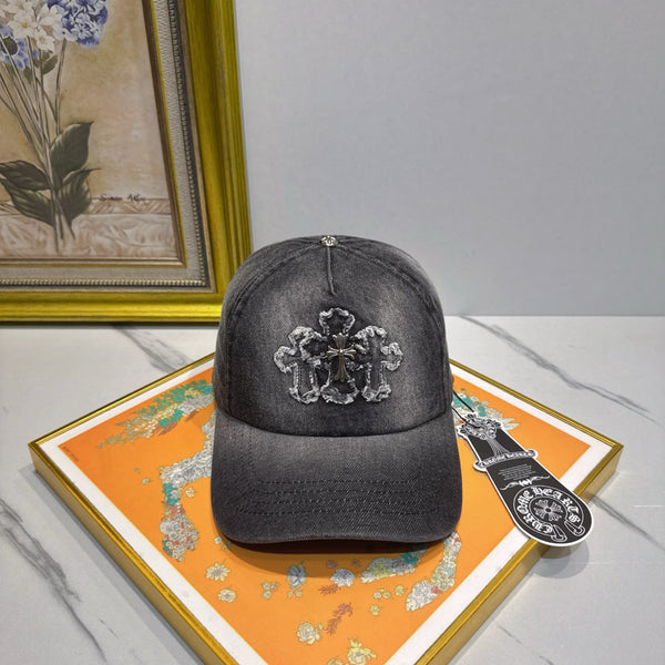 Chrome Hearts Dark Gray Washed & Distressed Denim Baseball Cap