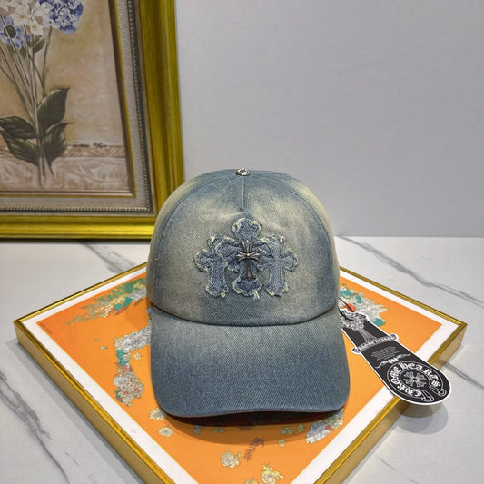 Chrome Hearts Light Blue Washed & Distressed Denim Baseball Cap