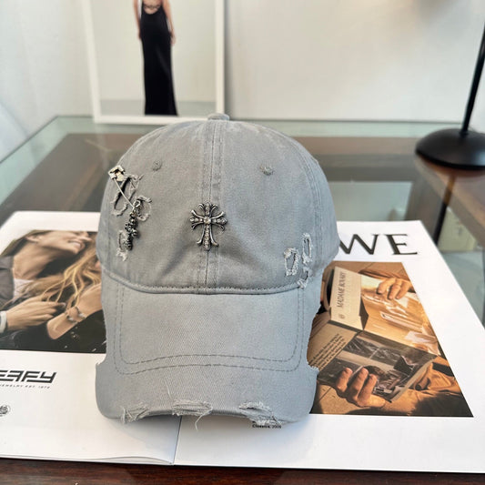 Chrome Hearts Grey Washed, Distressed, and Ripped Baseball Cap