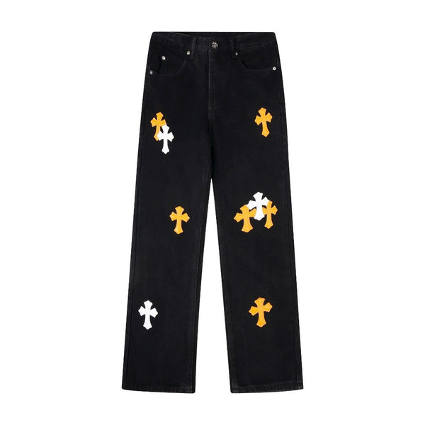 Chrome Hearts Black Denim Jeans with Colorful Leather Cross Patches