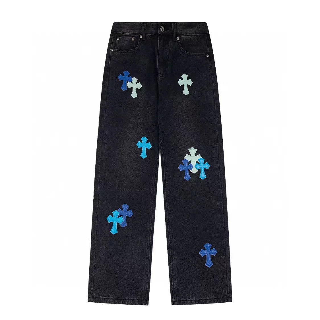 Chrome Hearts Black Denim Jeans with Blue Leather Cross Patches
