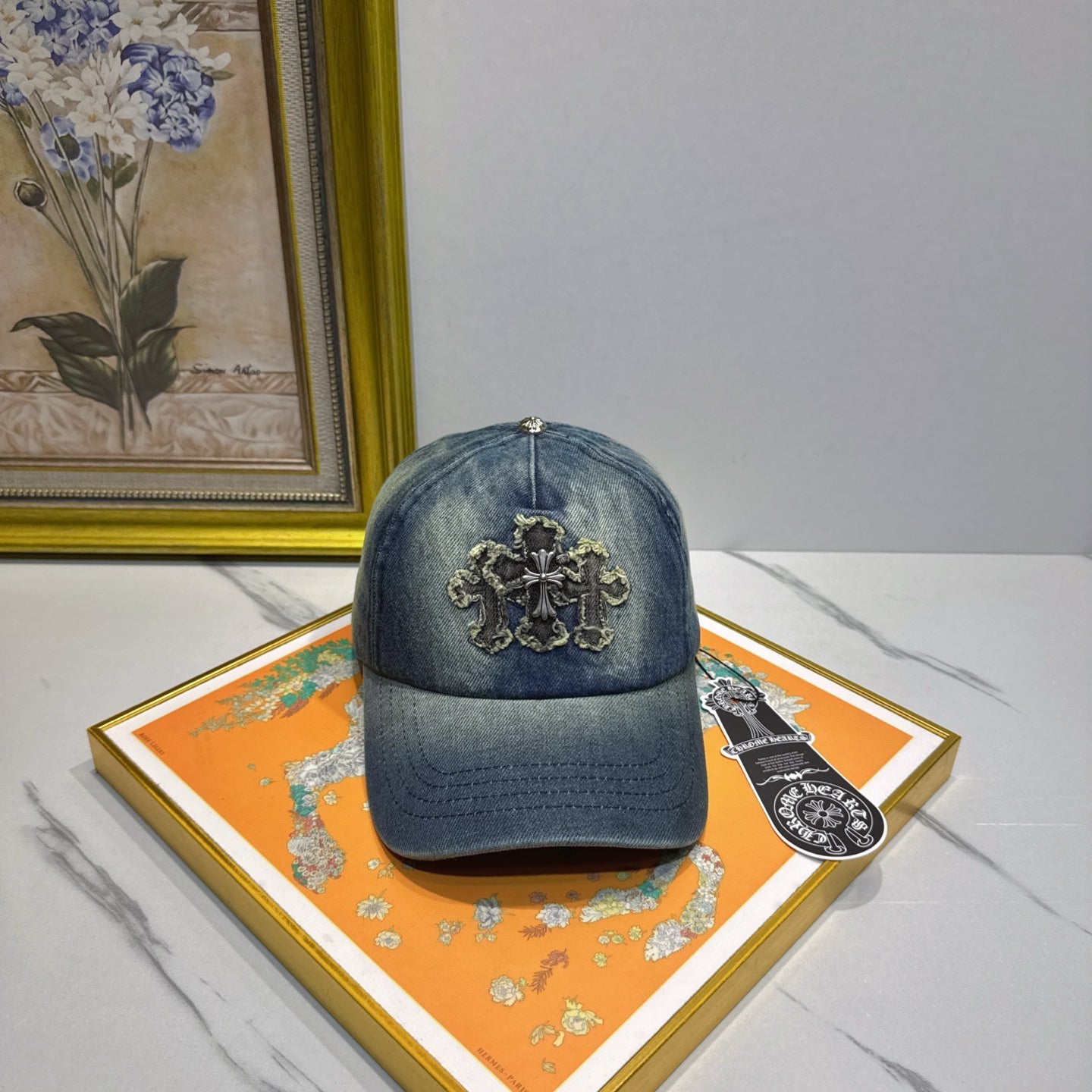 Chrome Hearts denim washed and distressed baseball cap.