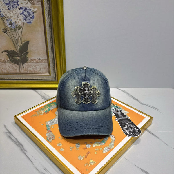 Chrome Hearts denim washed and distressed baseball cap.