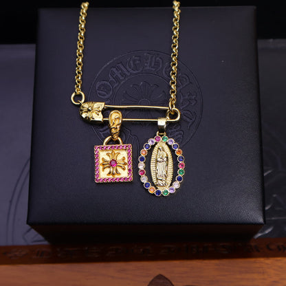 Chrome Virgin Mary and Cross Pin Necklace