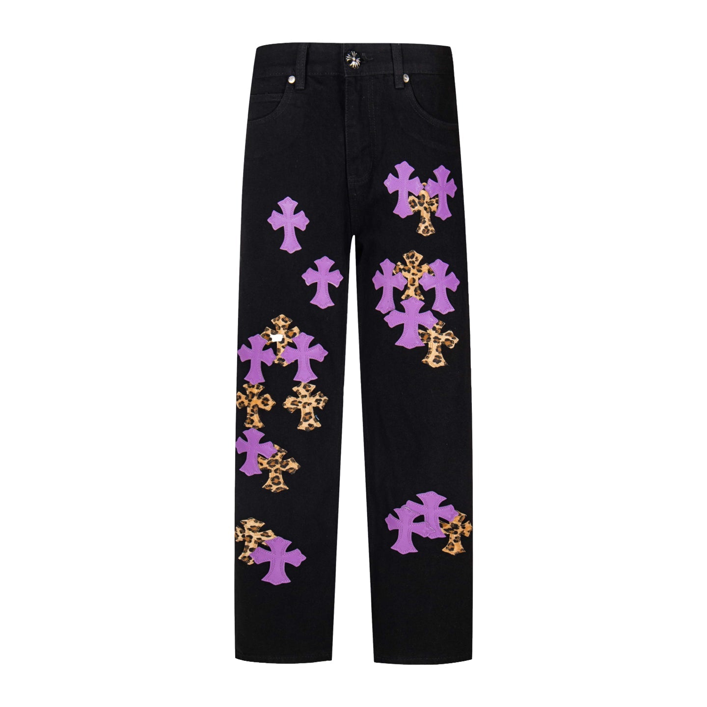 Chrome Hearts Black Denim Jeans with Purple Leopard-Print Cross Leather Patches