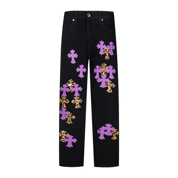 Chrome Hearts Black Denim Jeans with Purple Leopard-Print Cross Leather Patches