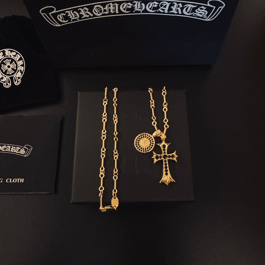 Chrome Hearts Cross and Smiley Face Double-Pendant Necklace