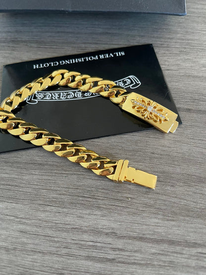 Chrome Hearts 22K Gold Cuban Link Bracelet with Diamond-Set Cross Motifs