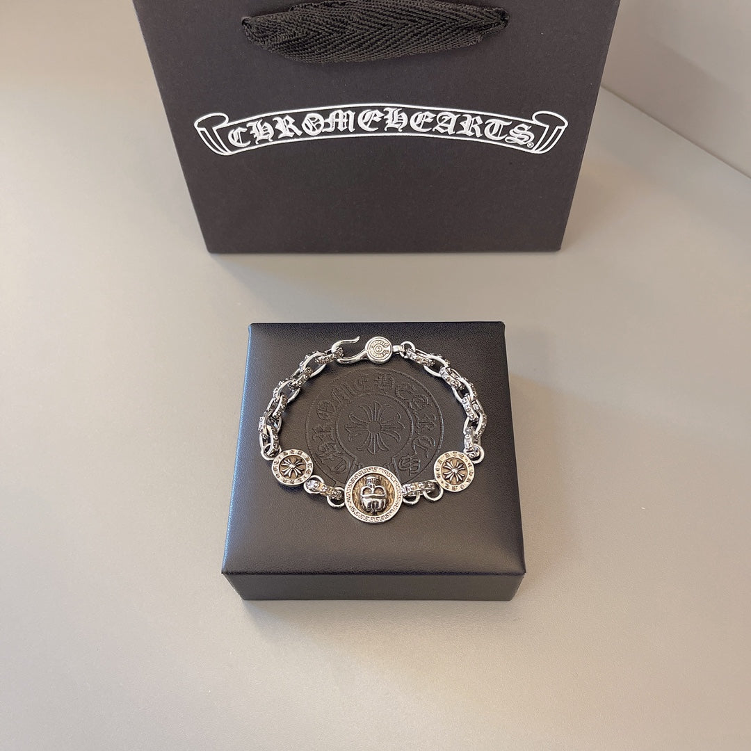 Chrome Hearts 925 Silver Round-Tag Beaded Bracelet