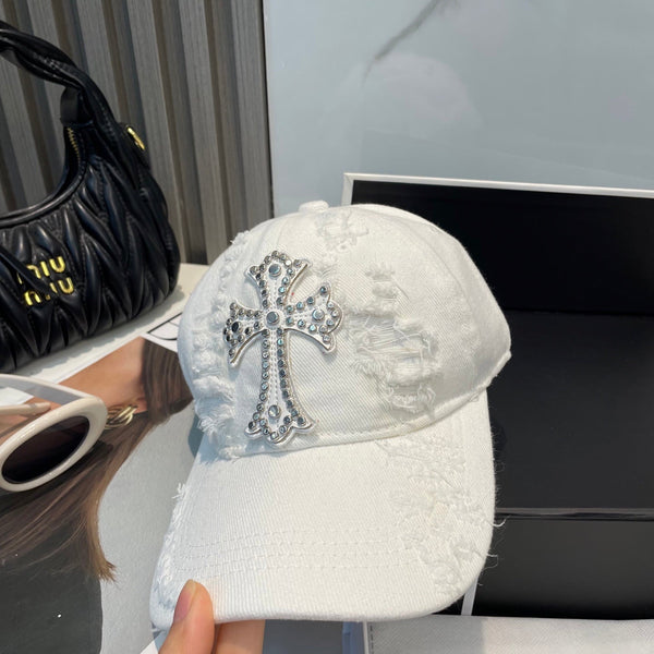 Chrome Hearts-Style White Distressed Baseball Cap