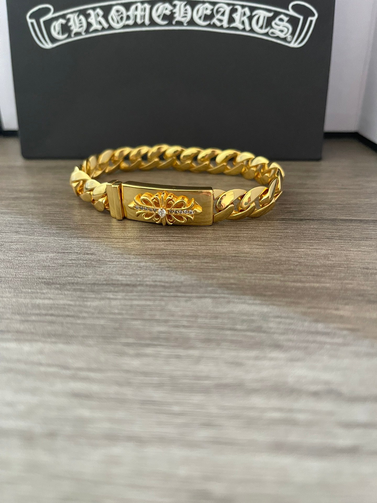 Chrome Hearts 22K Gold Cuban Link Bracelet with Diamond-Set Cross Motifs