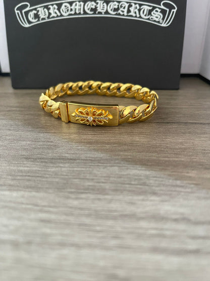 Chrome Hearts 22K Gold Cuban Link Bracelet with Diamond-Set Cross Motifs