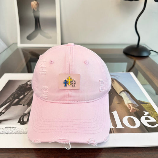 Chrome Hearts Pink Distressed Ripped Baseball Cap