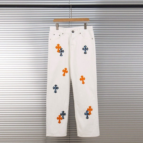 Chrome Hearts "Orange & Blue Leopard Print Cross Patchwork" Jeans
