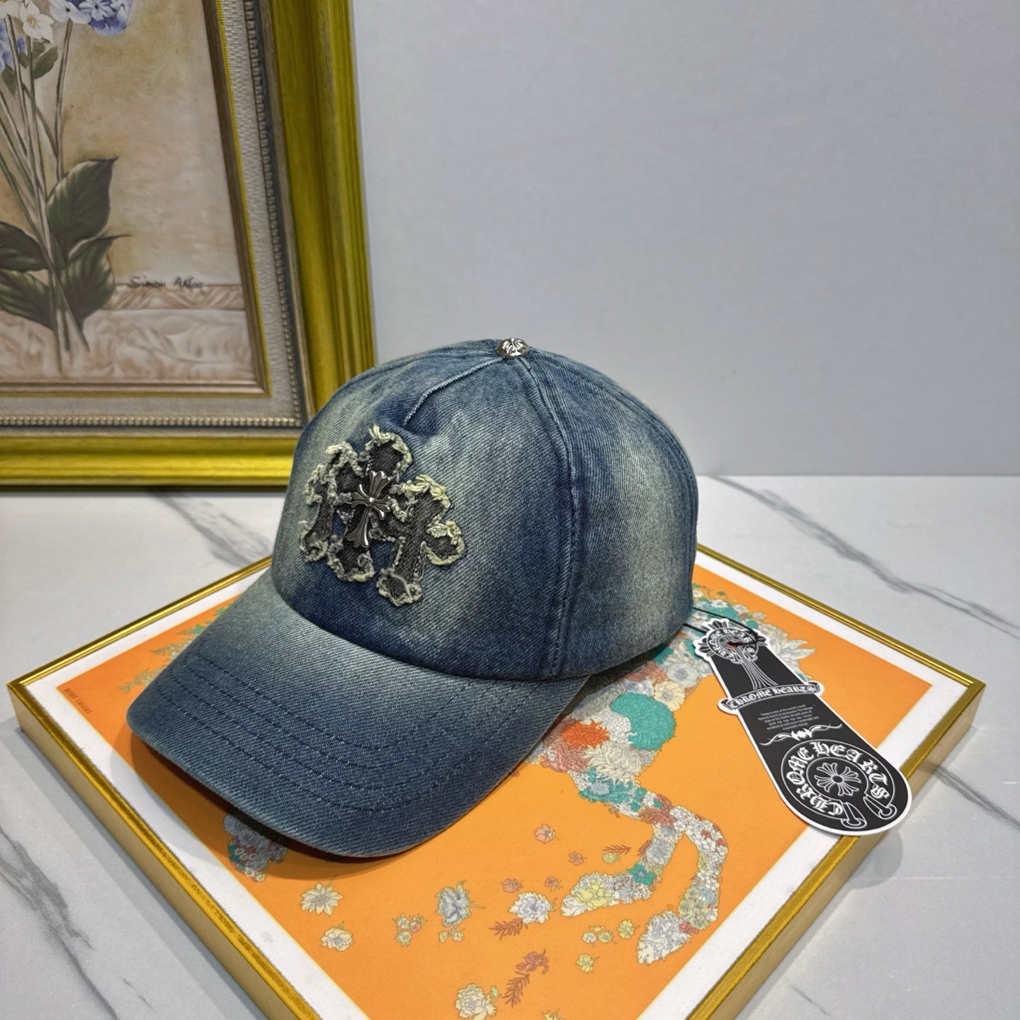 Chrome Hearts denim washed and distressed baseball cap.