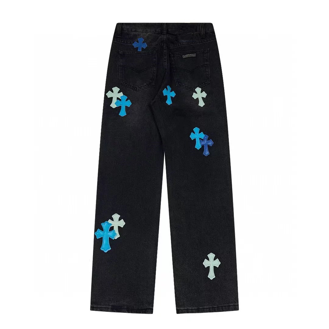 Chrome Hearts Black Denim Jeans with Blue Leather Cross Patches