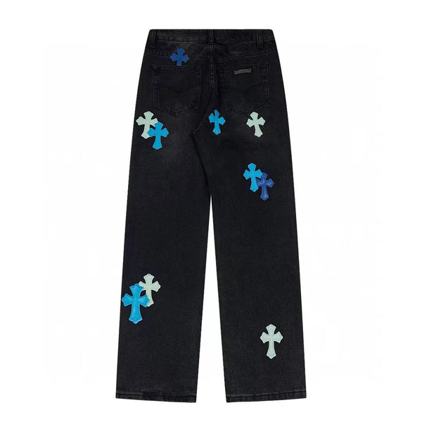 Chrome Hearts Black Denim Jeans with Blue Leather Cross Patches