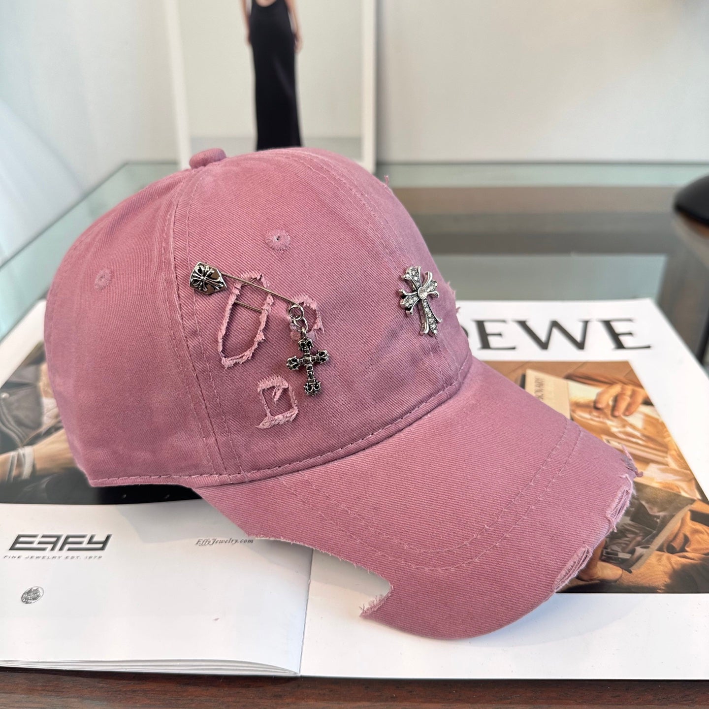 Chrome Hearts Pink Washed, Distressed, and Ripped Baseball Cap