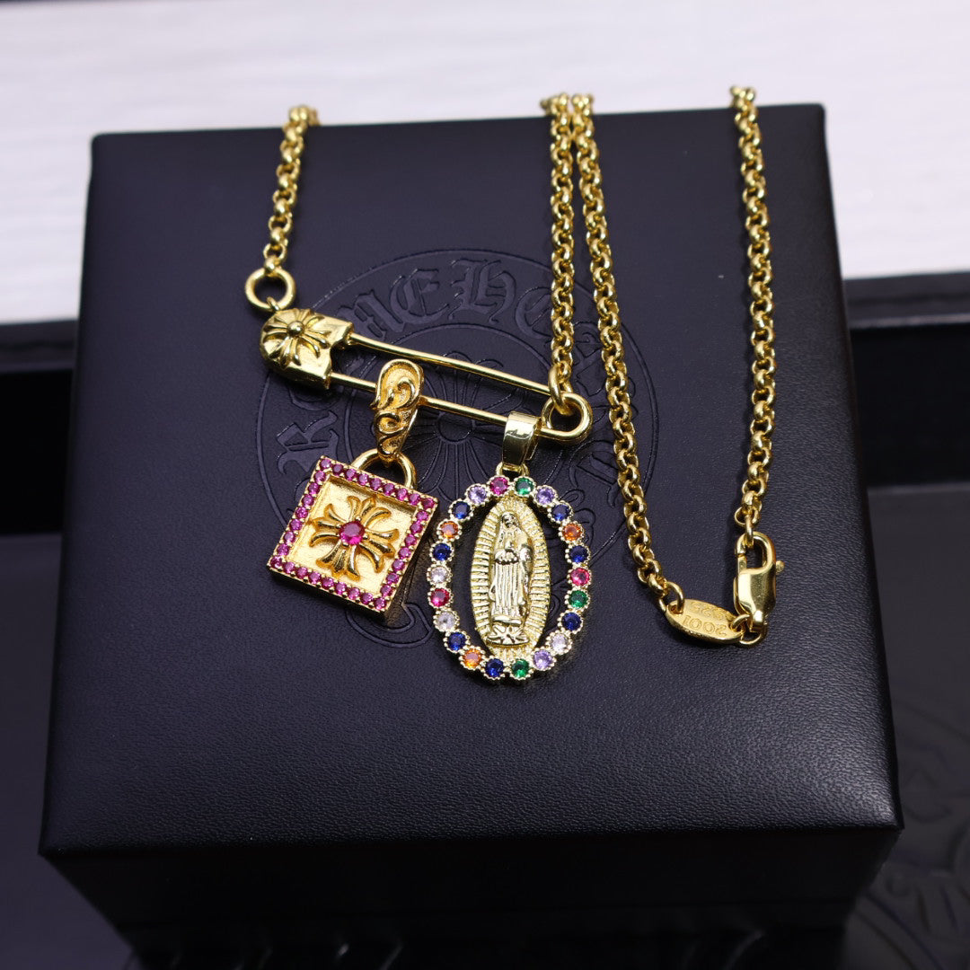 Chrome Virgin Mary and Cross Pin Necklace