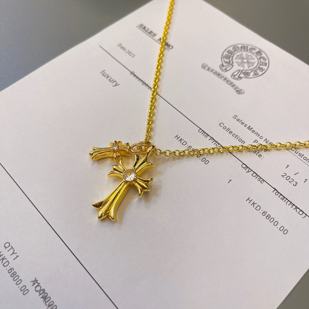 Chrome Hearts 22K Gold Double Cross Necklace