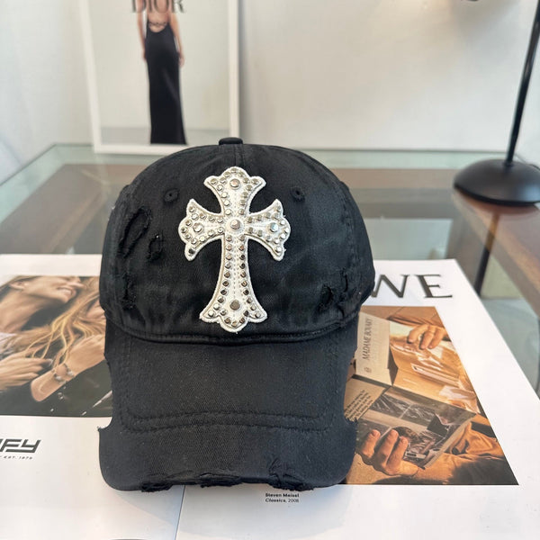 Chrome Hearts Black Distressed, Ripped Baseball Cap