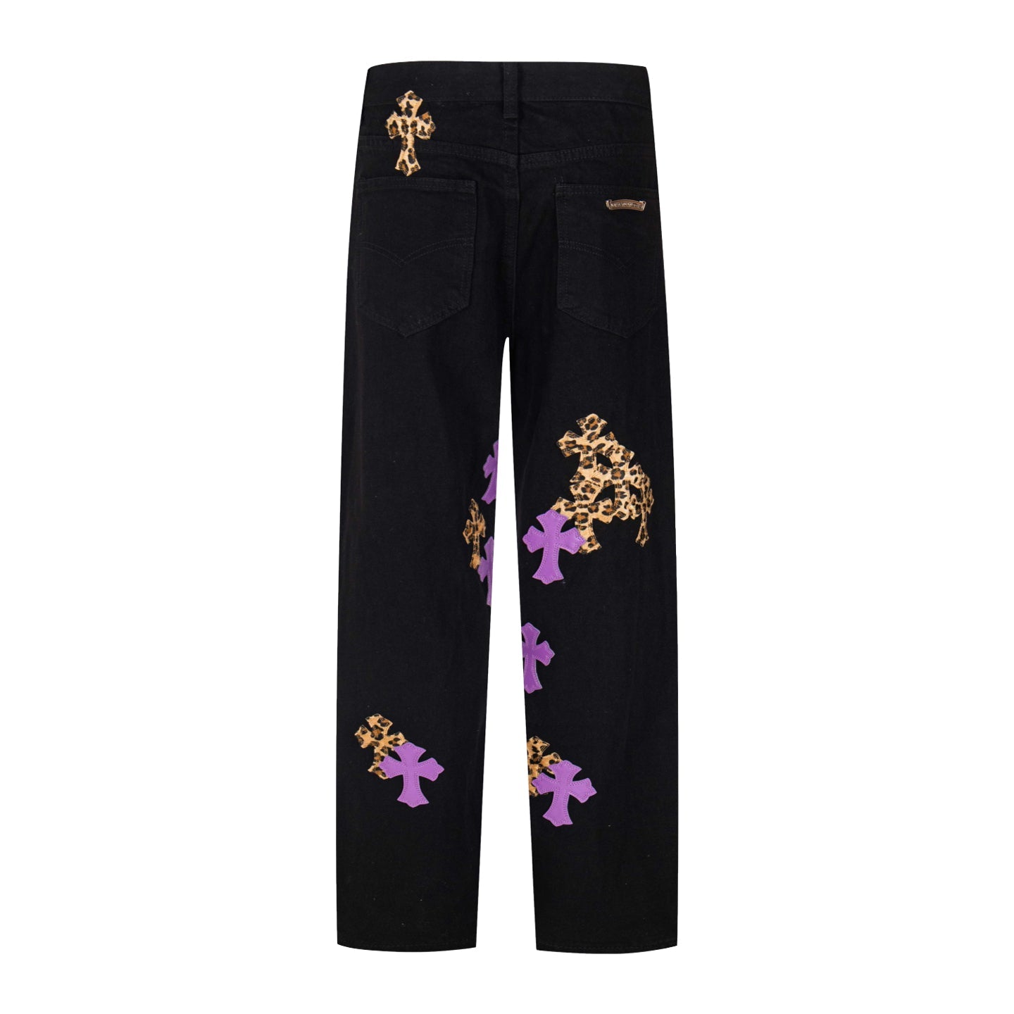 Chrome Hearts Black Denim Jeans with Purple Leopard-Print Cross Leather Patches