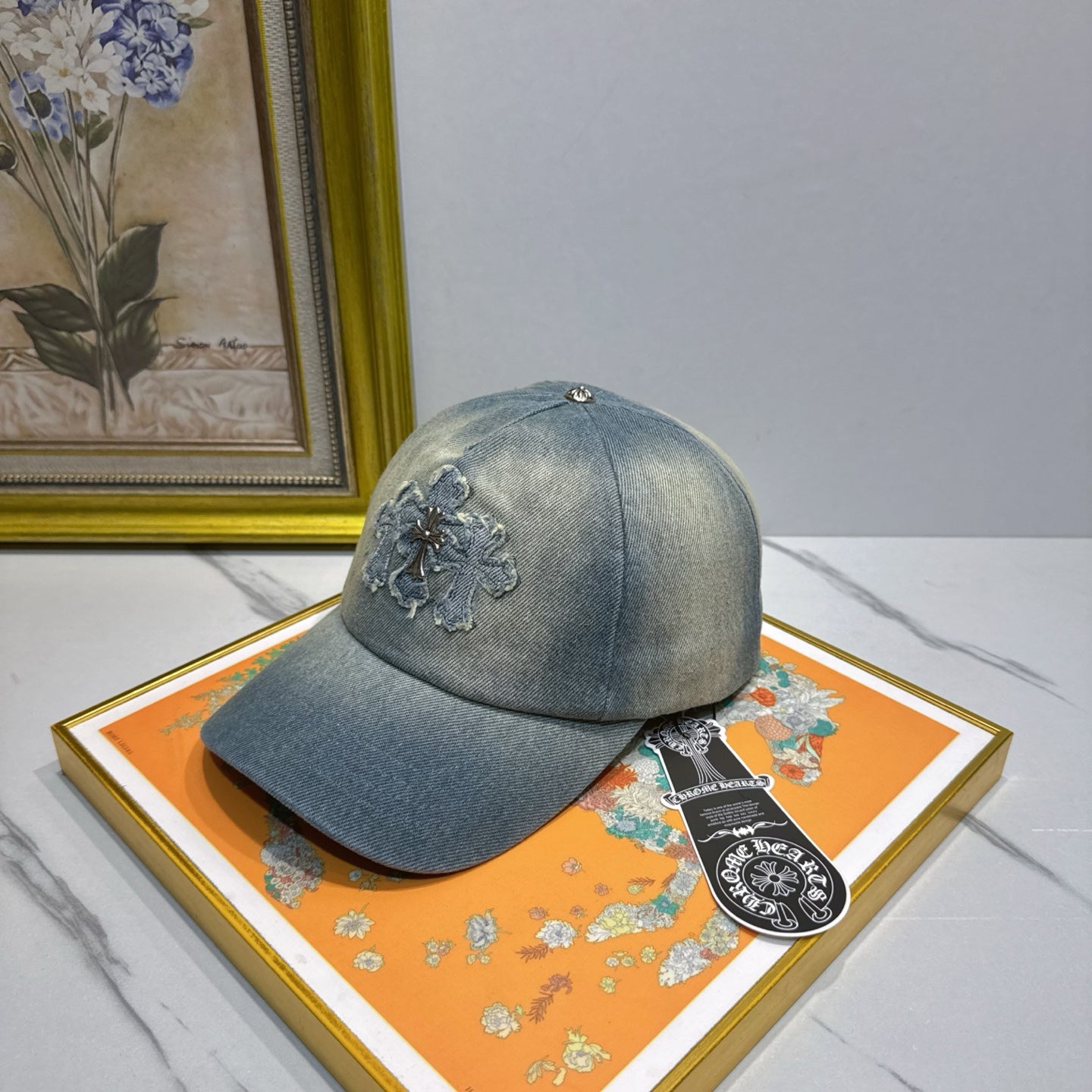 Chrome Hearts Light Blue Washed & Distressed Denim Baseball Cap