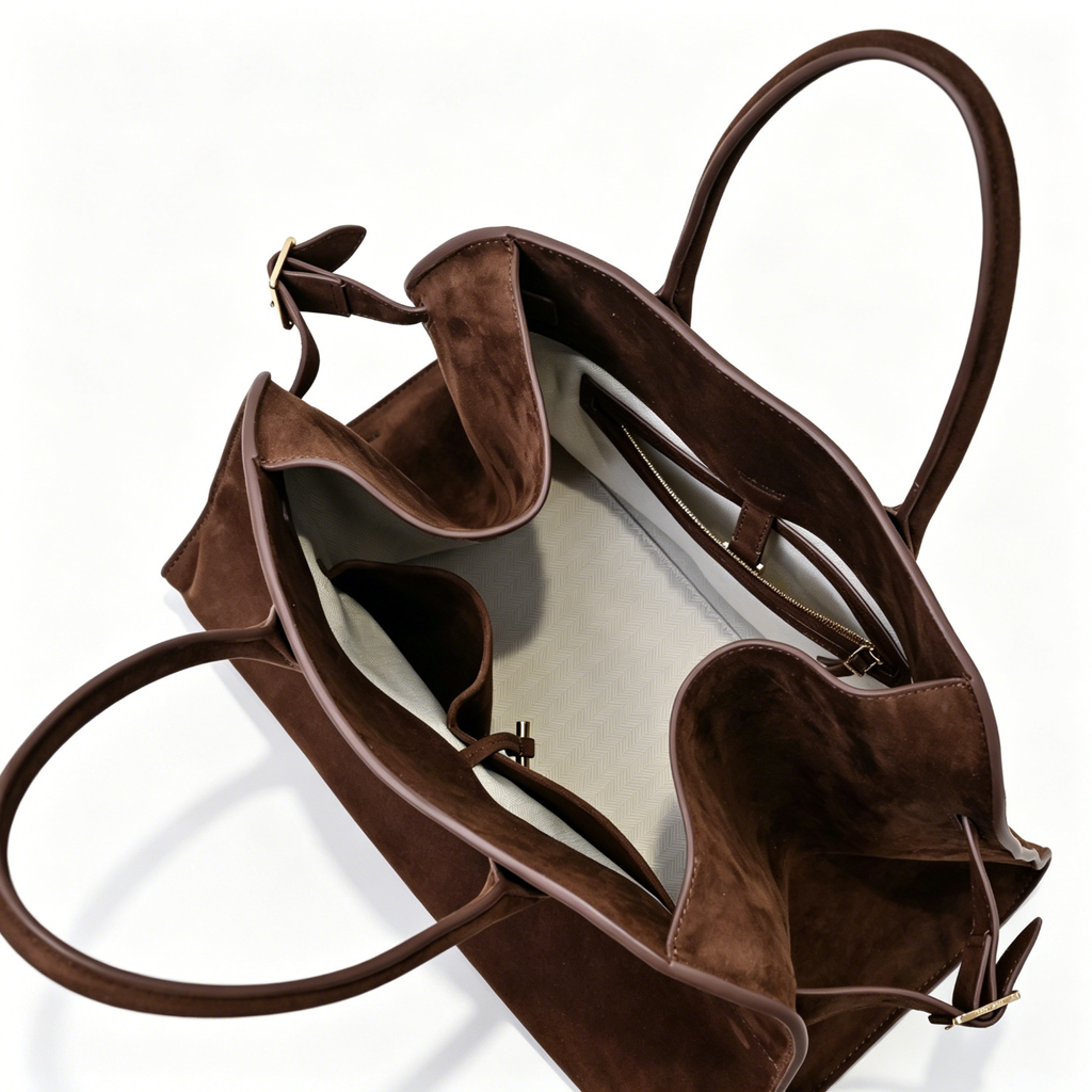 The Row Margaux 17 Large Suede Bag | 38.5cm Suede Leather Top Handle Tote | Dark Chocolate Margaux Handbag