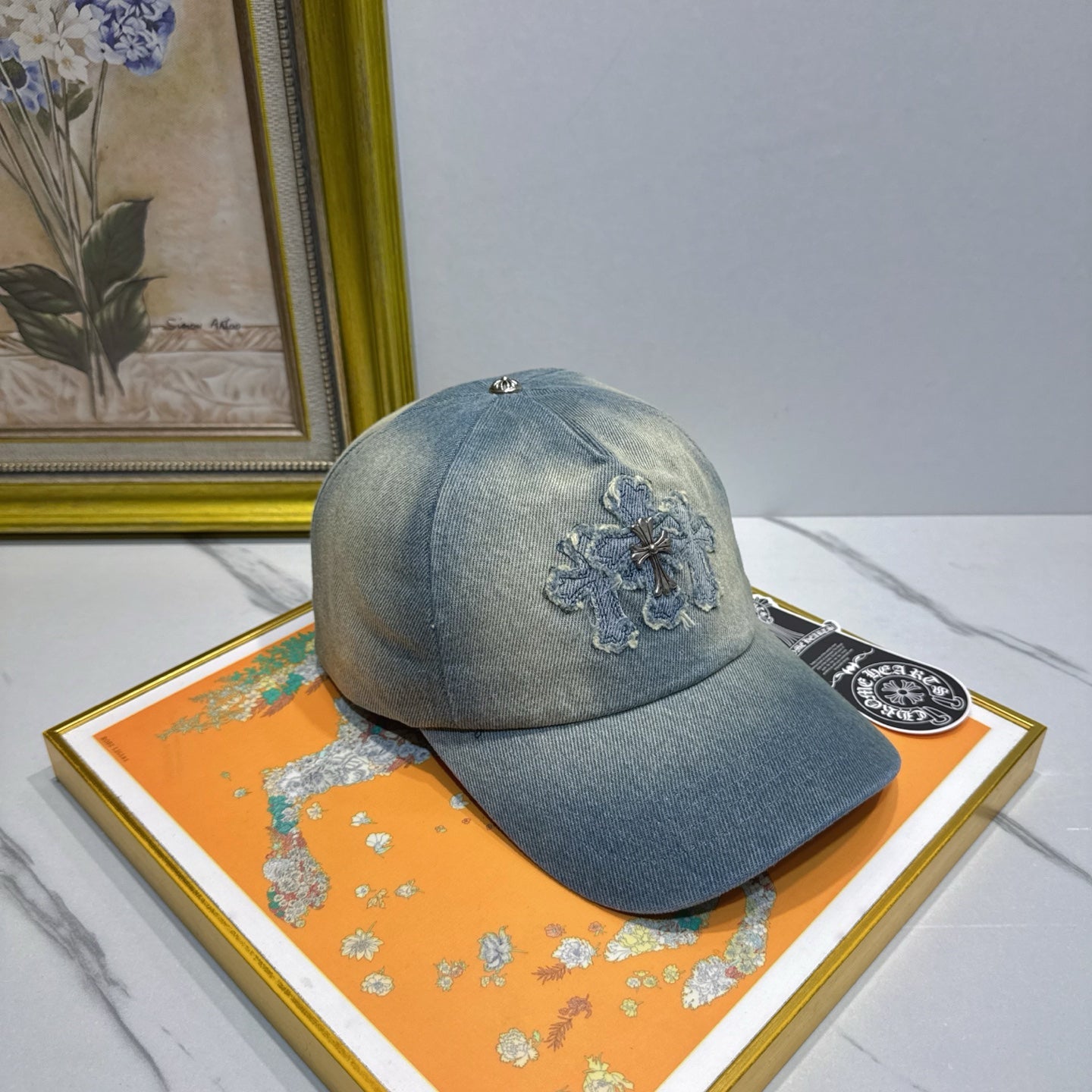 Chrome Hearts Light Blue Washed & Distressed Denim Baseball Cap