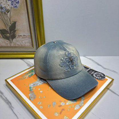 Chrome Hearts Light Blue Washed & Distressed Denim Baseball Cap