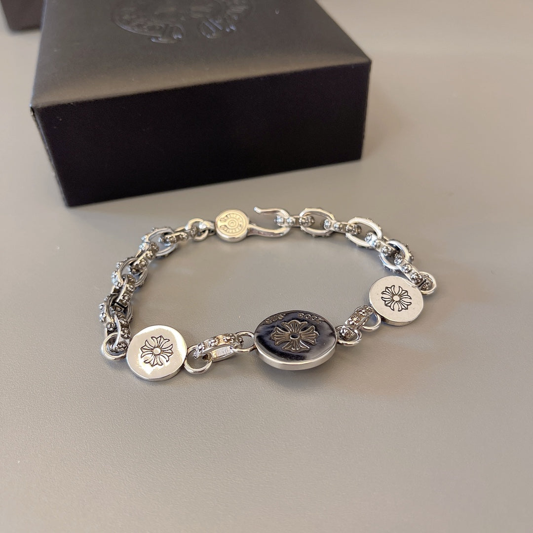 Chrome Hearts 925 Silver Round-Tag Beaded Bracelet
