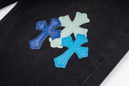 Chrome Hearts Black Denim Jeans with Blue Leather Cross Patches