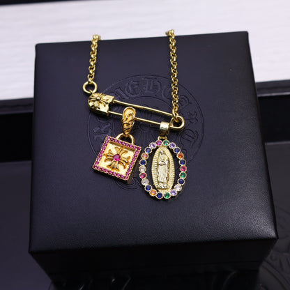 Chrome Virgin Mary and Cross Pin Necklace