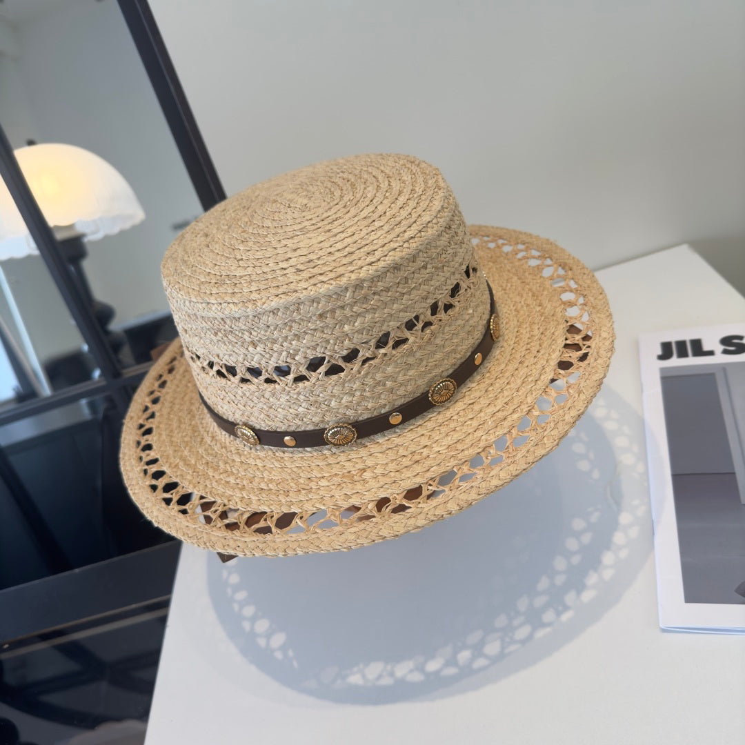 French Retro Style Hand-Woven Openwork Raffia Flat-Top Straw Hat