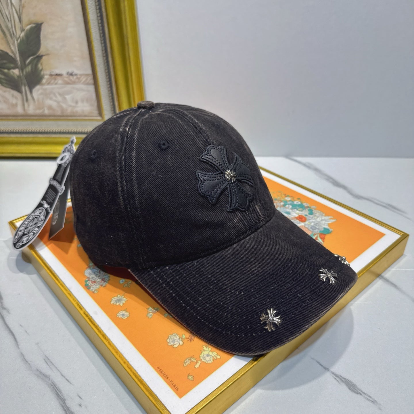 Chrome Hearts Black Washed, Distressed Baseball Cap