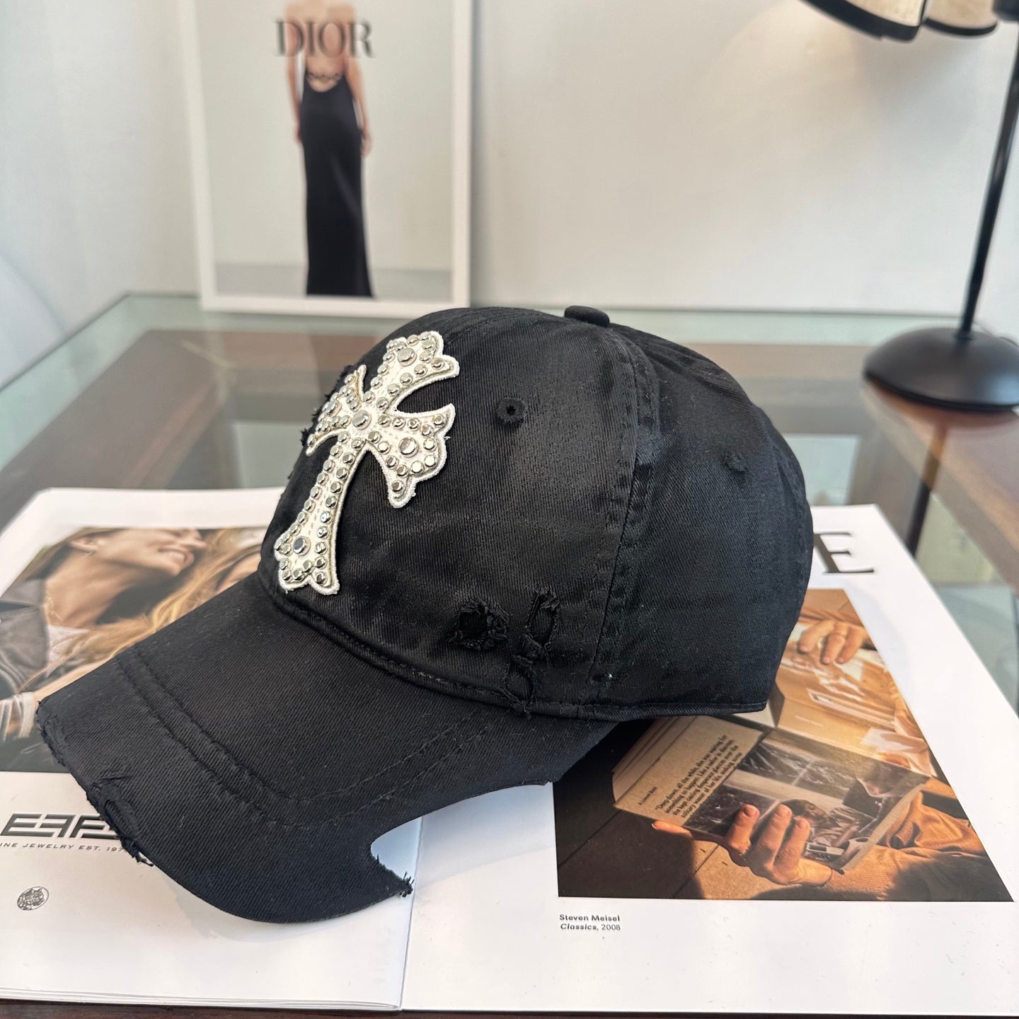 Chrome Hearts Black Distressed, Ripped Baseball Cap